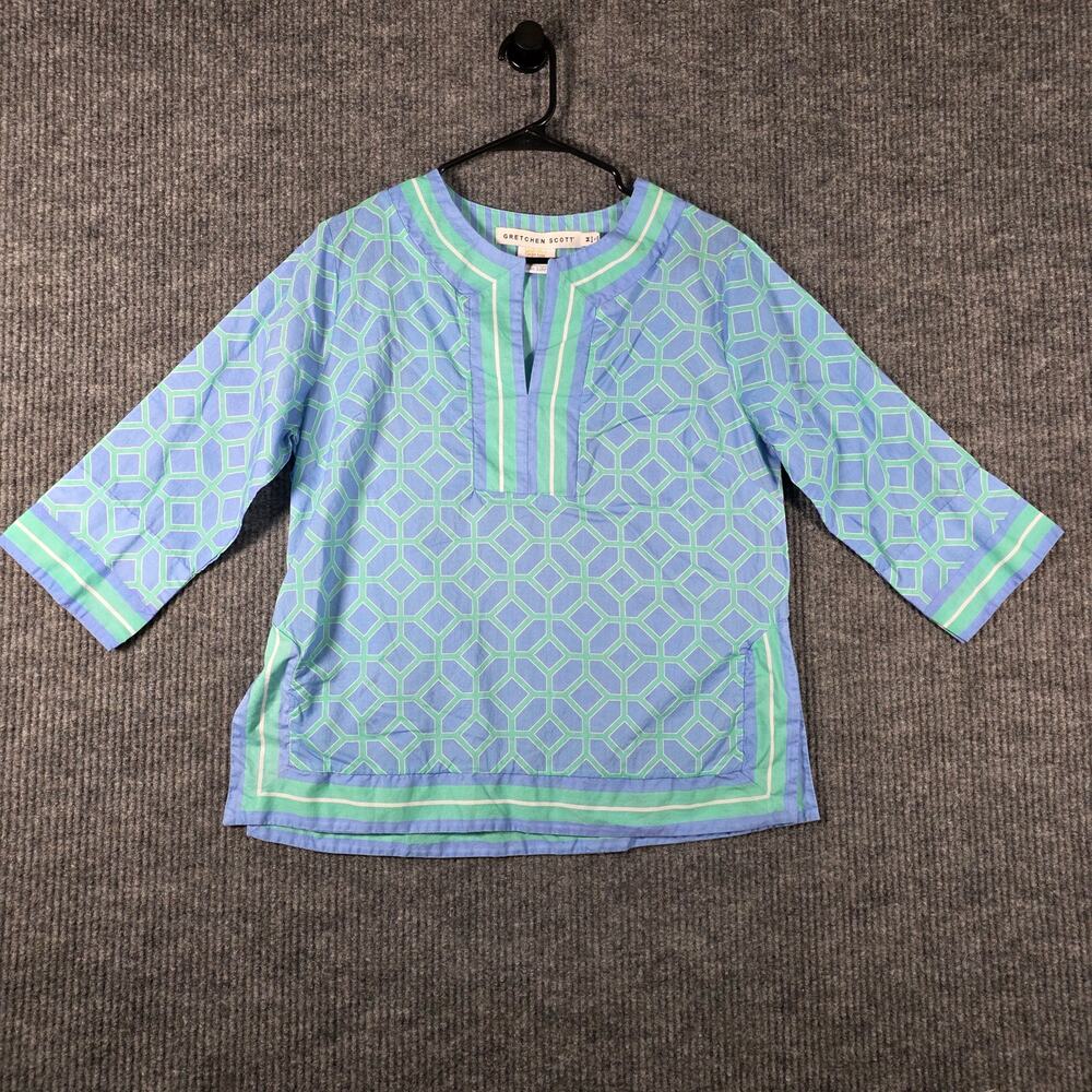 Gretchen Scott Women’s M Blue Green Geometric Tunic Top 3/4 Sleeve